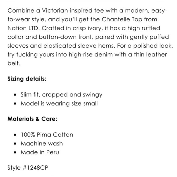 Nation LTD Chantelle Victorian Crop white Blouse- size xsmall - Picture 5 of 9